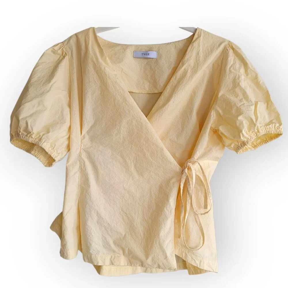 Butter Yellow Poplin Puff Sleeve Drawstring Top Twee Y2K Cottagecore Baby Tee - Picture 2 of 10